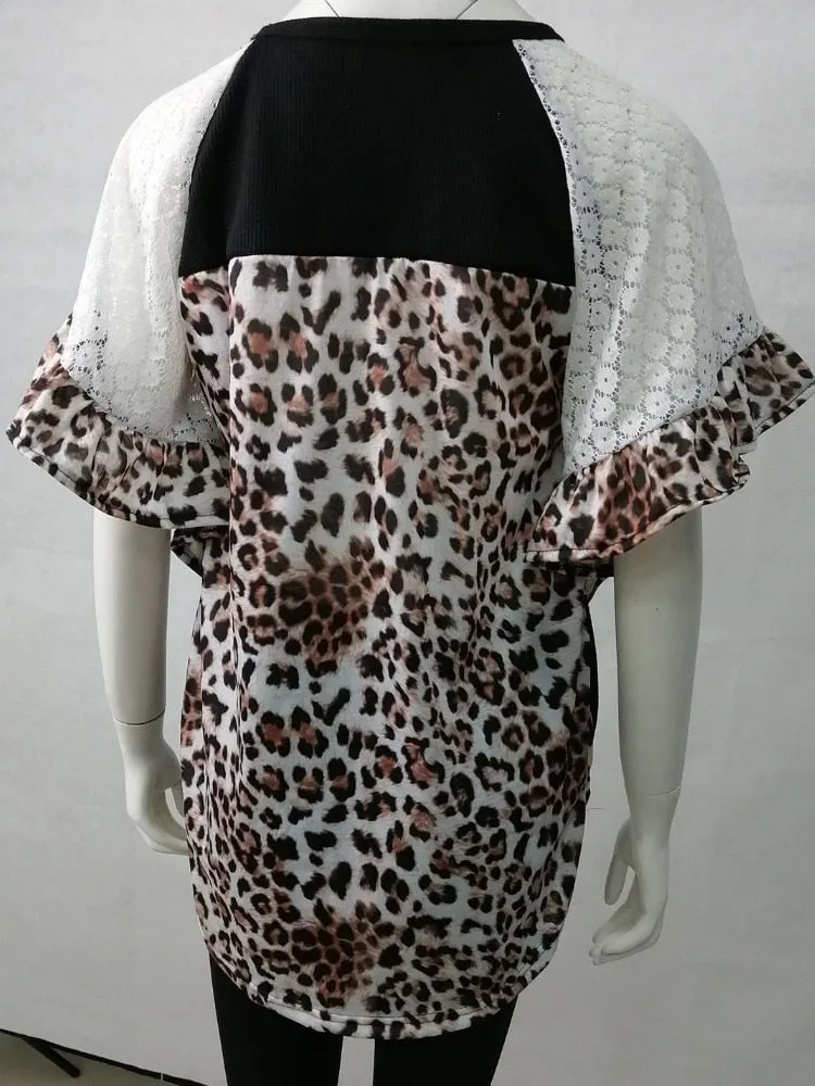 Leopard Lace Raglan Sleeves Kinked T-shirt Loose V-neck Bat Sleeve Short Sleeve Tops