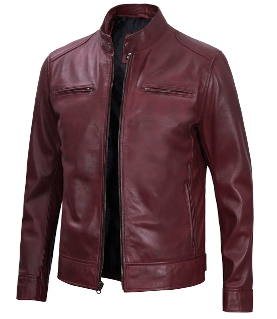 Men's Maroon Leather Cafe Racer Motorcycle Jacket