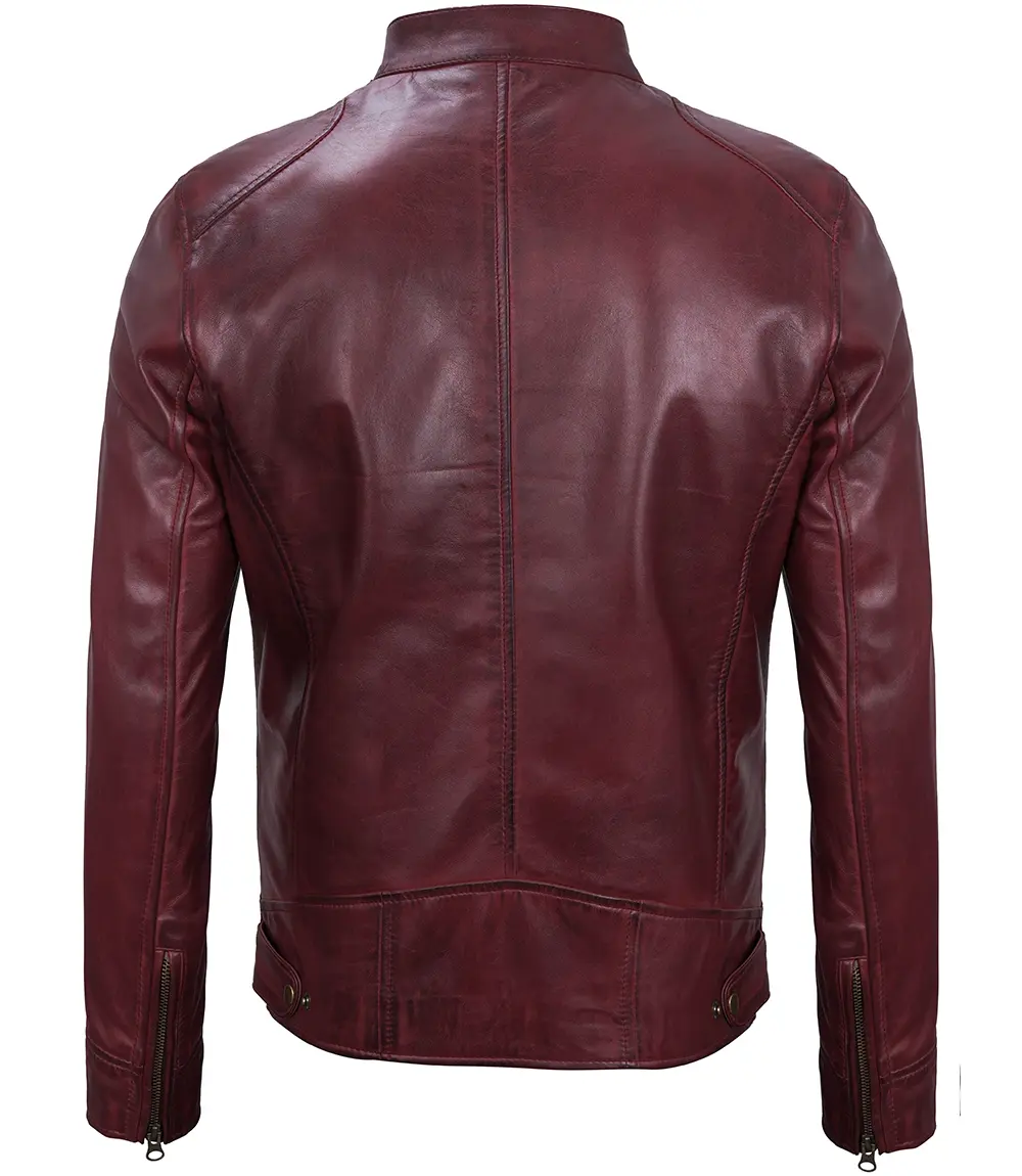 Men's Maroon Leather Cafe Racer Motorcycle Jacket