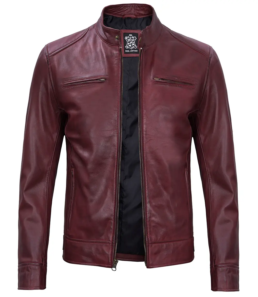 Men's Maroon Leather Cafe Racer Motorcycle Jacket