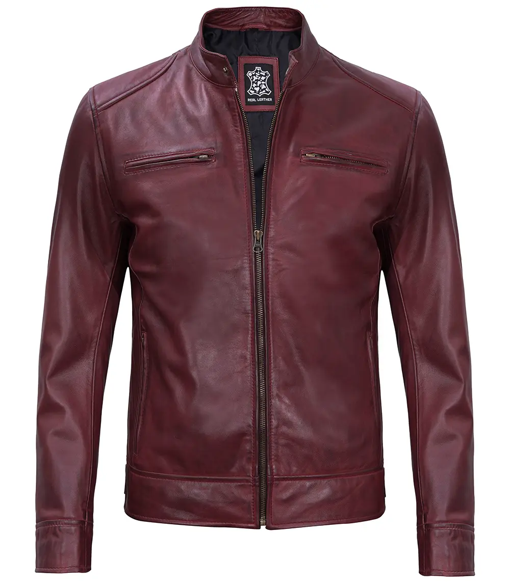 Men's Maroon Leather Cafe Racer Motorcycle Jacket