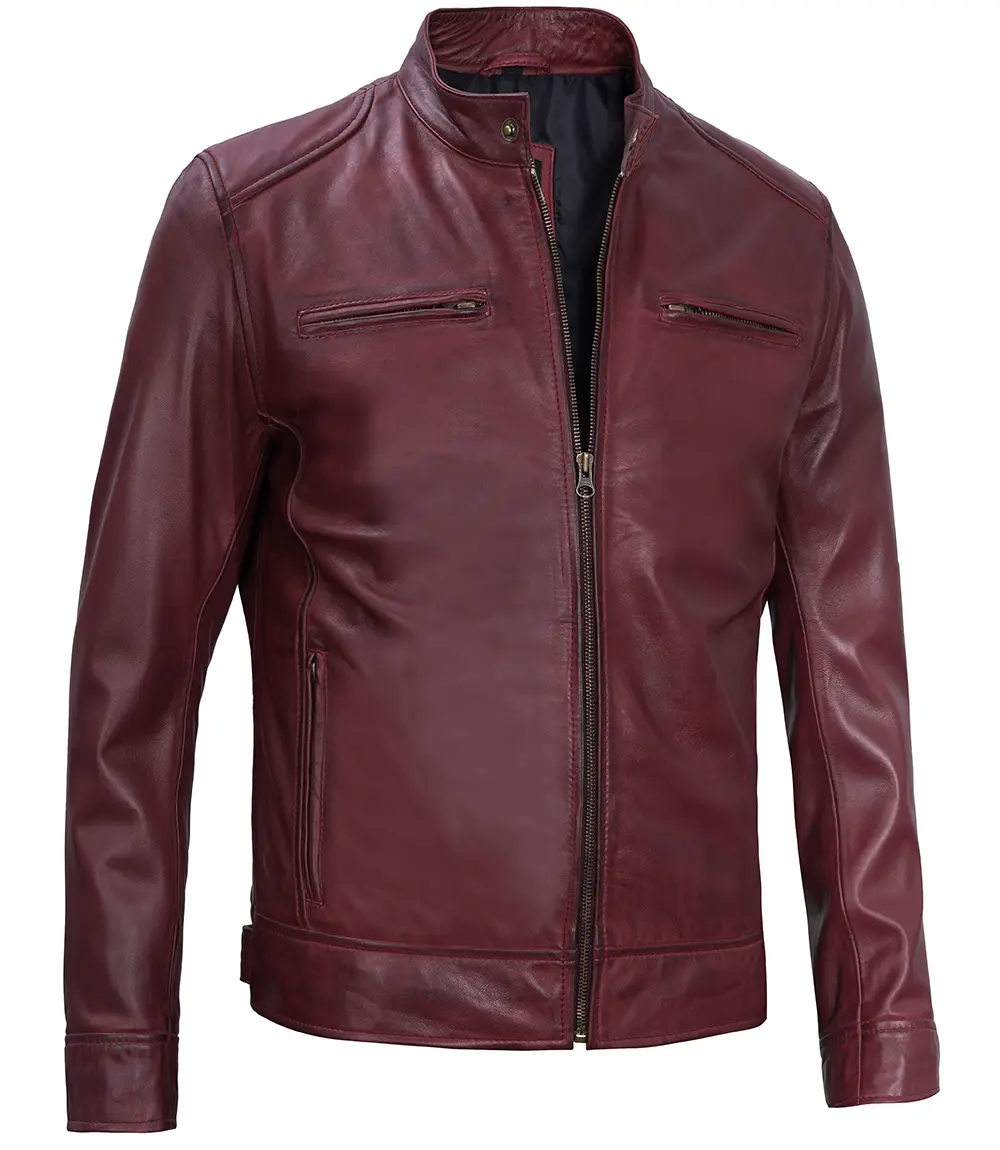 Men's Maroon Leather Cafe Racer Motorcycle Jacket