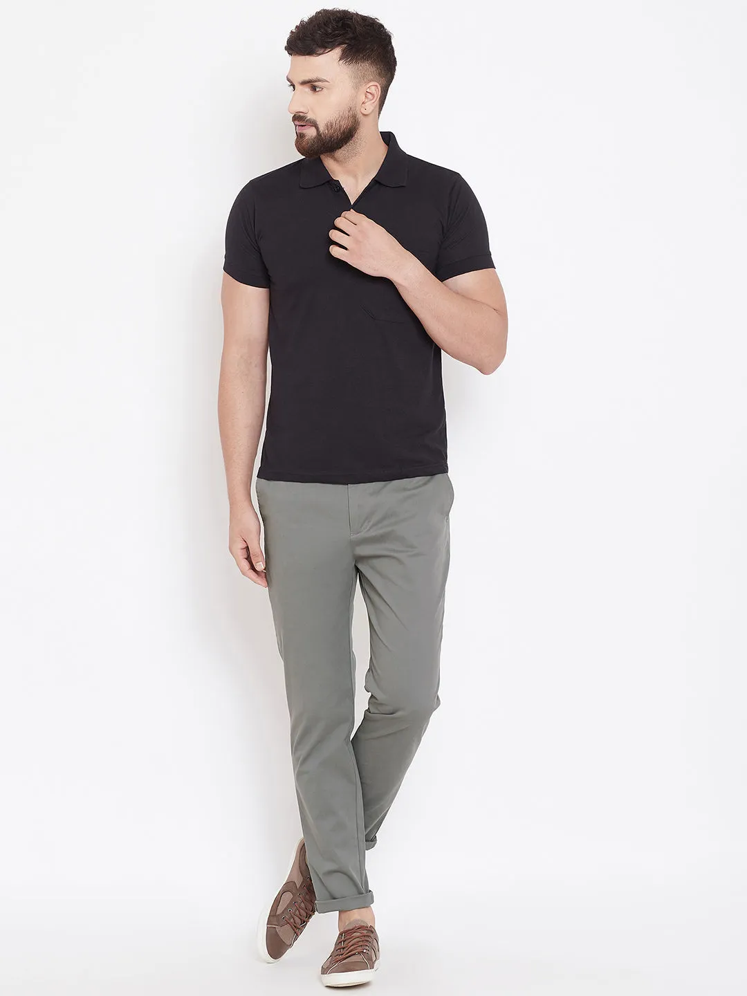 Men's Charcoal Stretch Washed Casual Tailored Fit Chinos