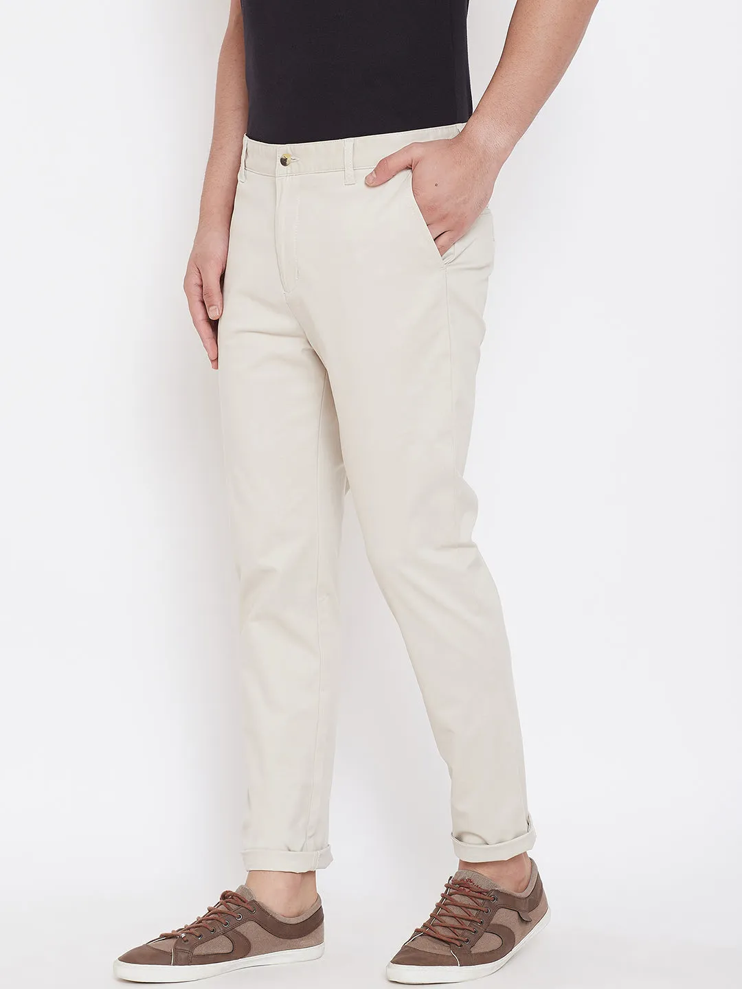 Men's Cream Stretch Washed Casual Tailored Fit Chinos