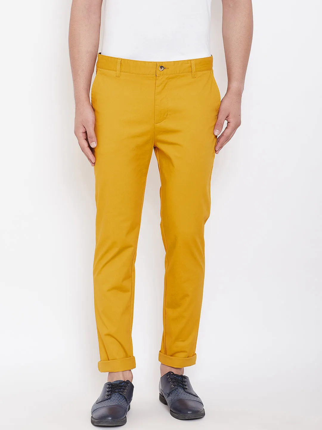 Men's Mustard Stretch Washed Casual Tailored Fit Chinos