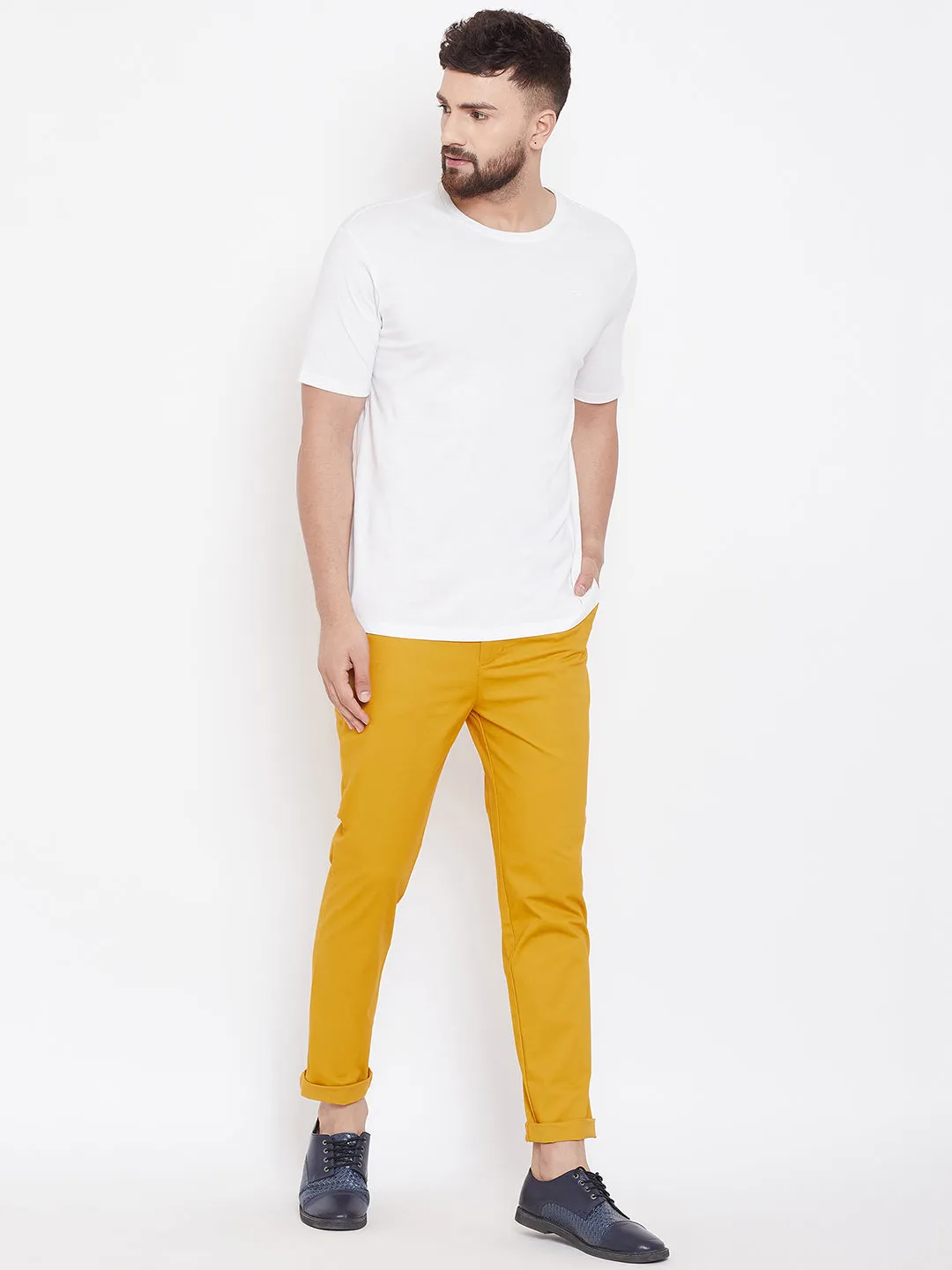 Men's Mustard Stretch Washed Casual Tailored Fit Chinos