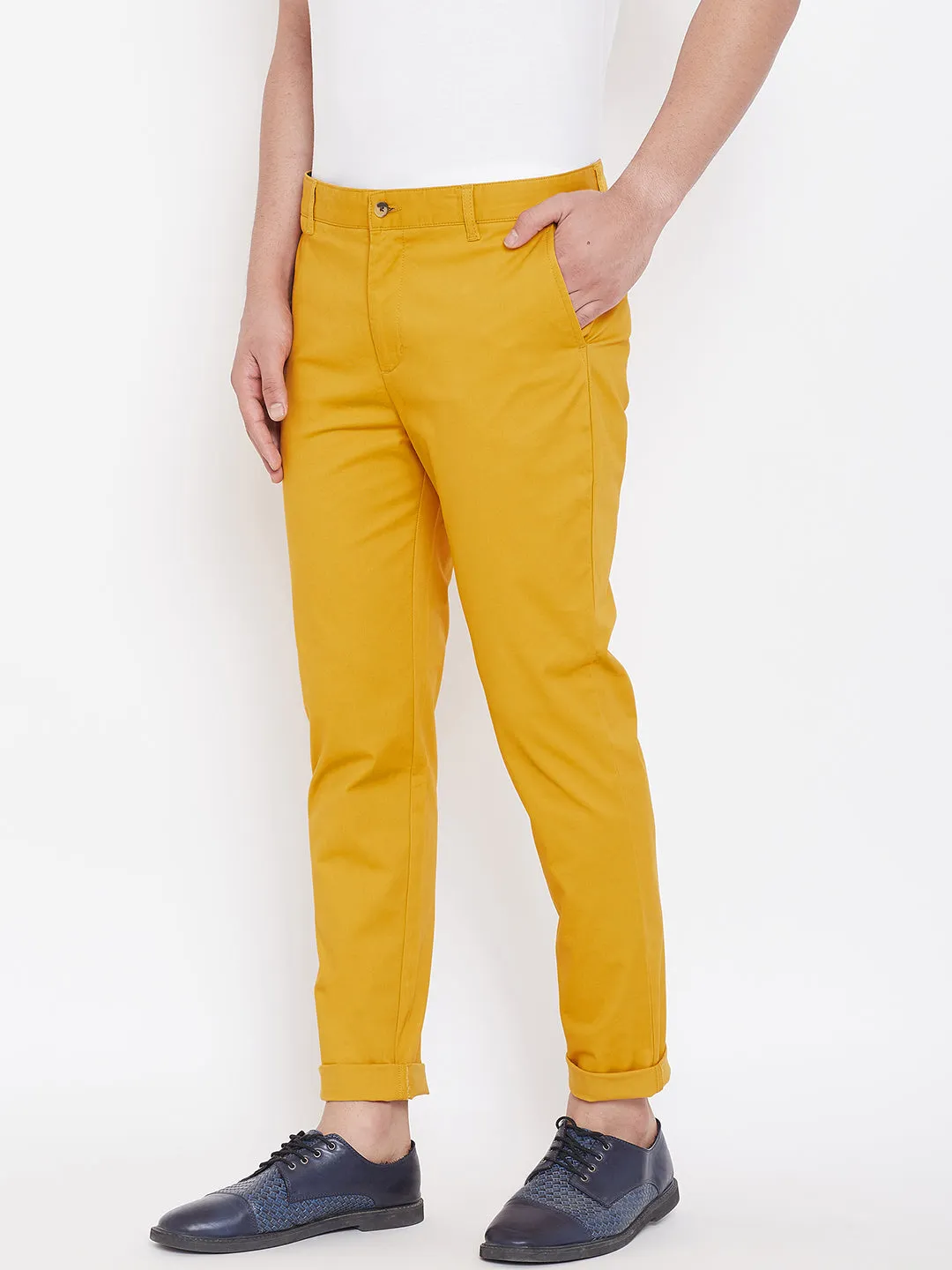 Men's Mustard Stretch Washed Casual Tailored Fit Chinos