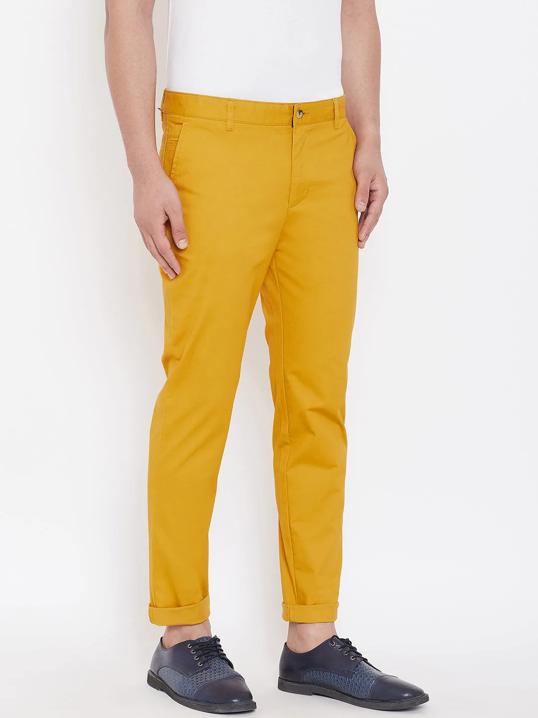 Men's Mustard Stretch Washed Casual Tailored Fit Chinos