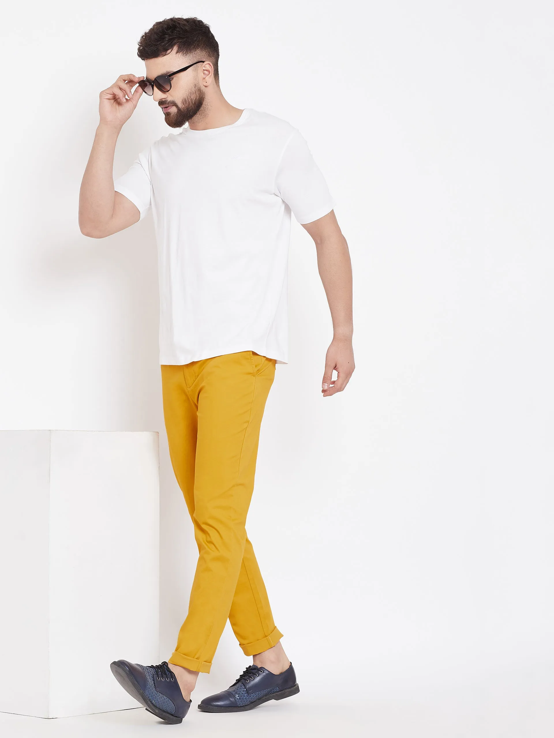 Men's Mustard Stretch Washed Casual Tailored Fit Chinos