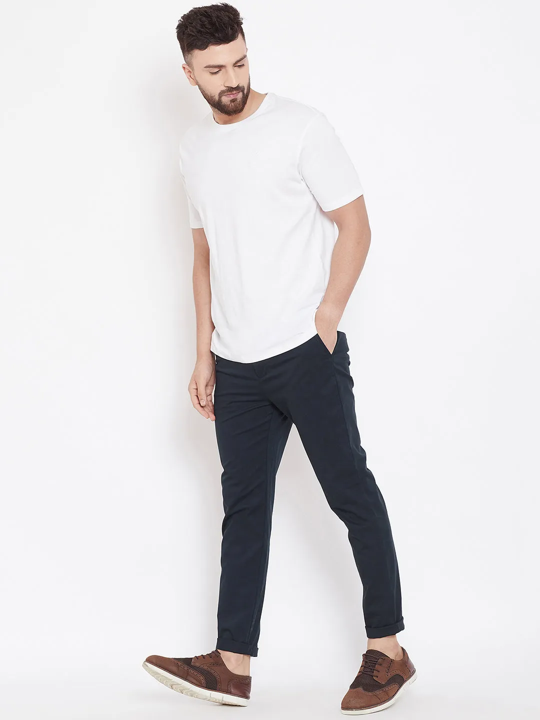 Men's Navy Blue Stretch Washed Casual Tailored Fit Chinos