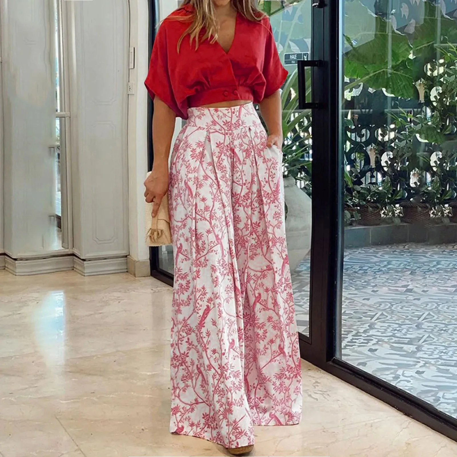 Mid Sleeve Shirt Elegant Boho Floral Print Wide Leg Pant Sets