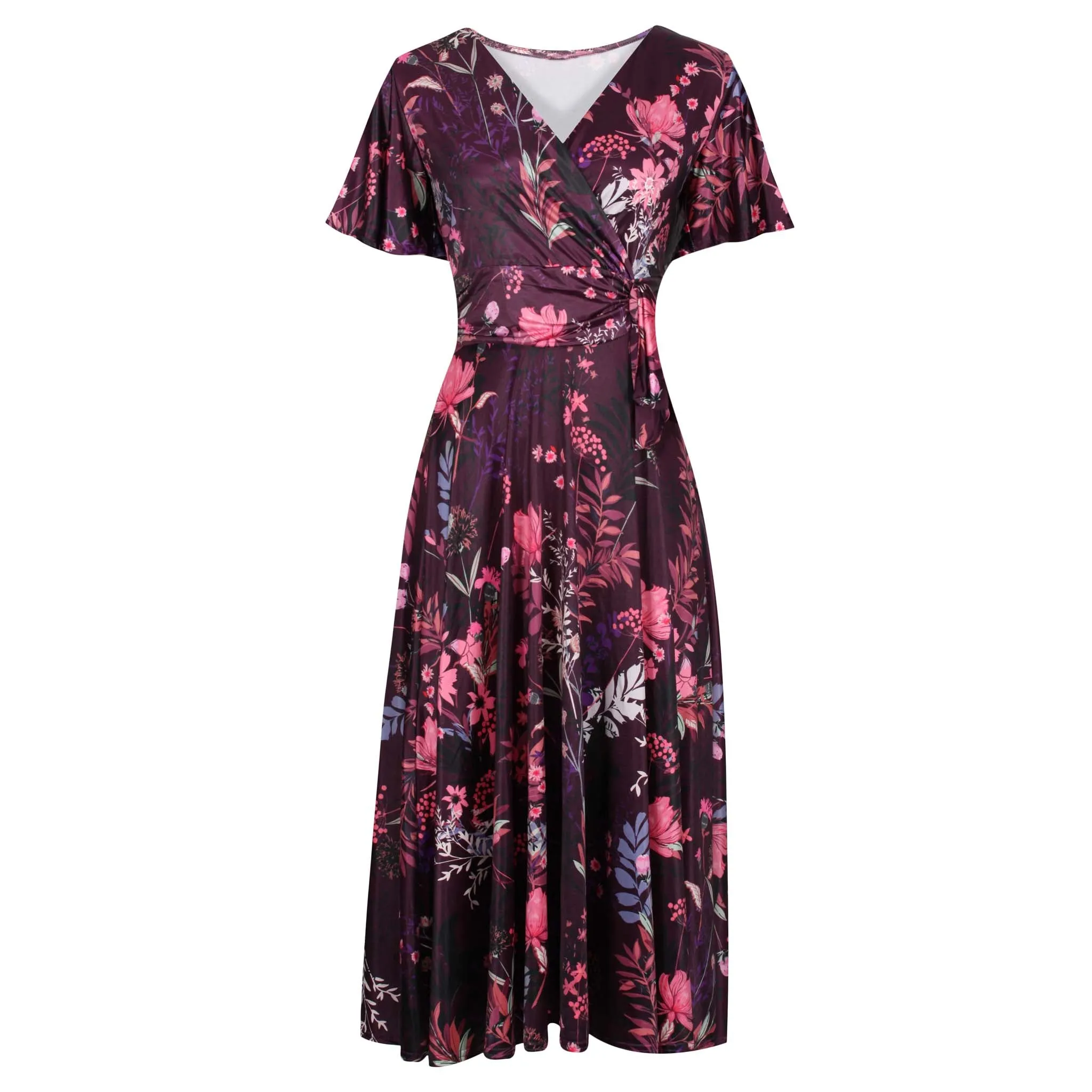 Plum Floral Print Cap Sleeve Crossover Top Vintage Swing Dress