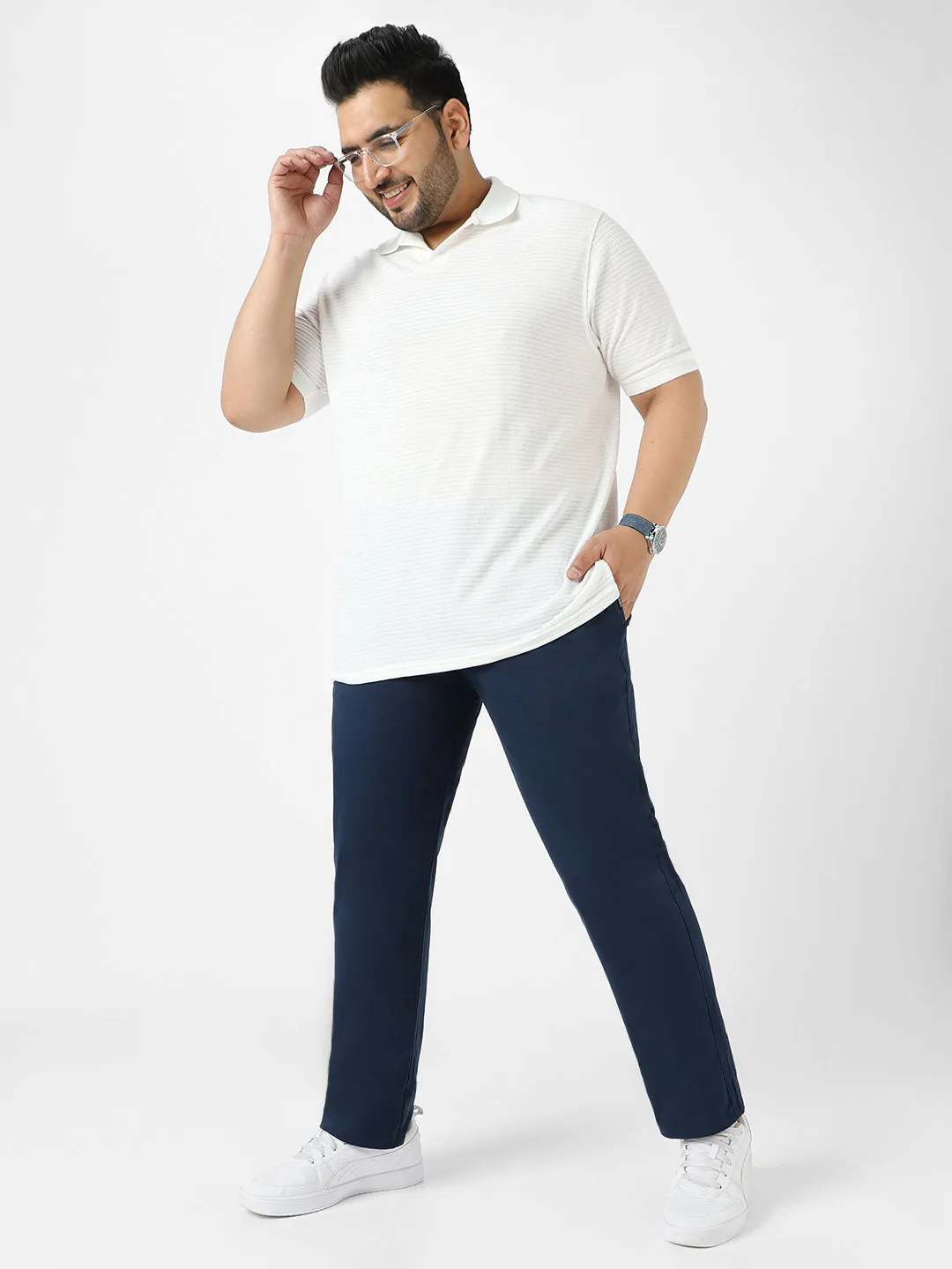 Plus Men's Royal Blue Cotton Regular Fit Casual Chinos Trousers Stretch