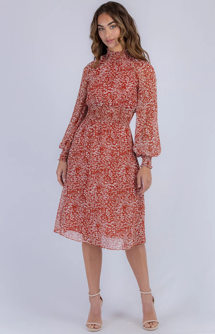 Printed Midi Dress with Shirred Neckline and Waist Detail (ADR1071B)