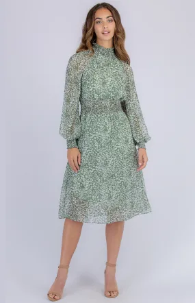 Printed Midi Dress with Shirred Neckline and Waist Detail (ADR1071B)