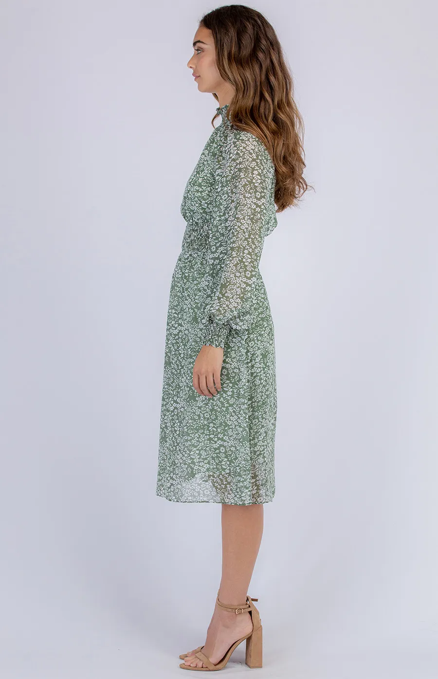 Printed Midi Dress with Shirred Neckline and Waist Detail (ADR1071B)