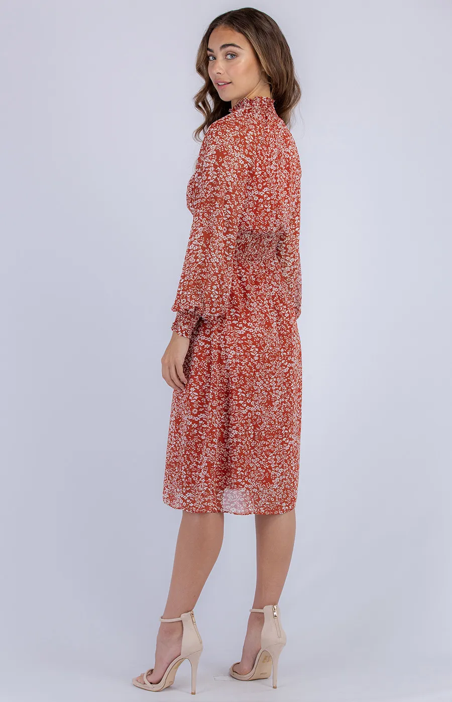 Printed Midi Dress with Shirred Neckline and Waist Detail (ADR1071B)