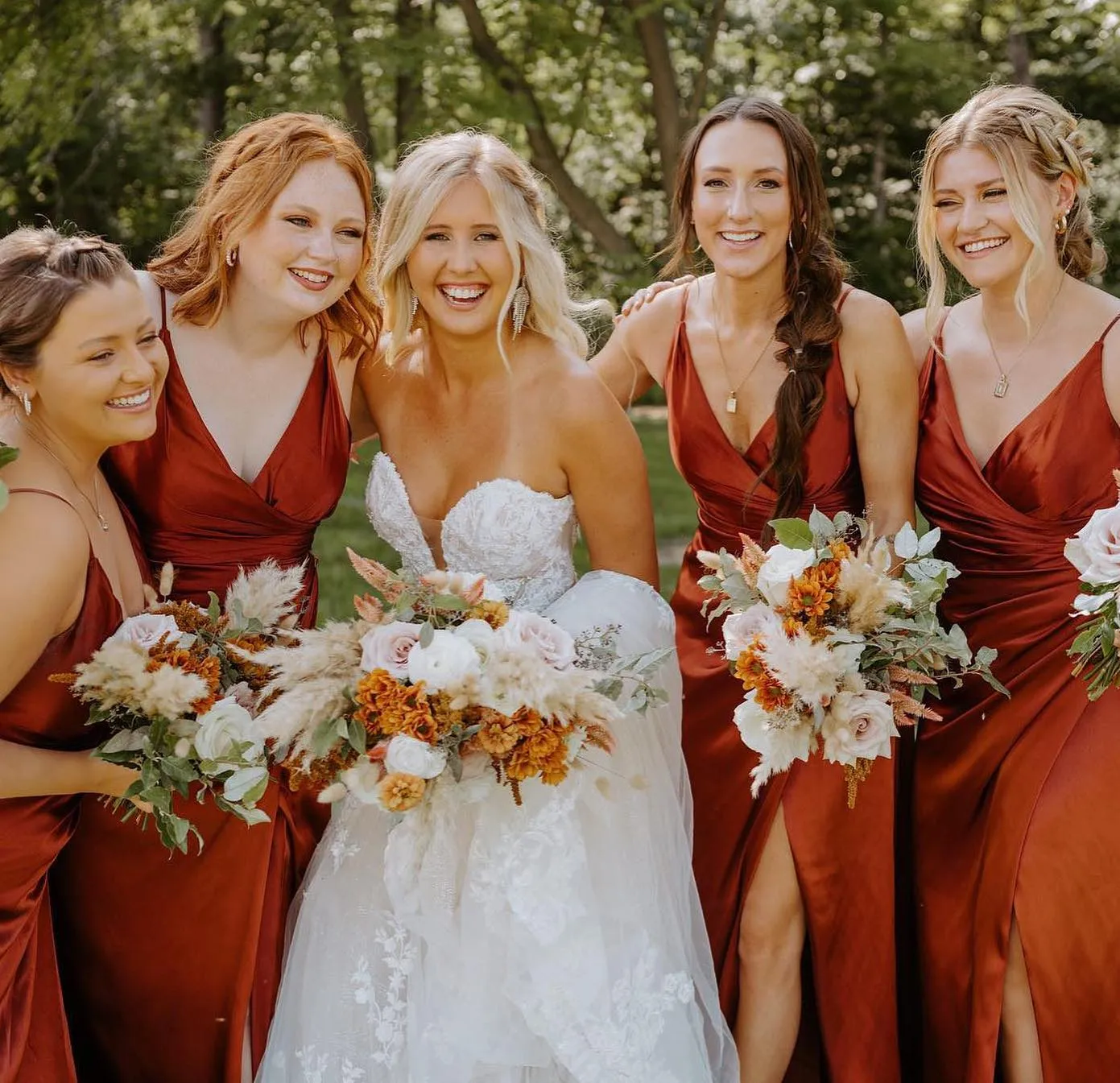 Simple Spaghetti Straps V-neck A-line Satin Rust Bridesmaid Dresses with Side Slit, BG393