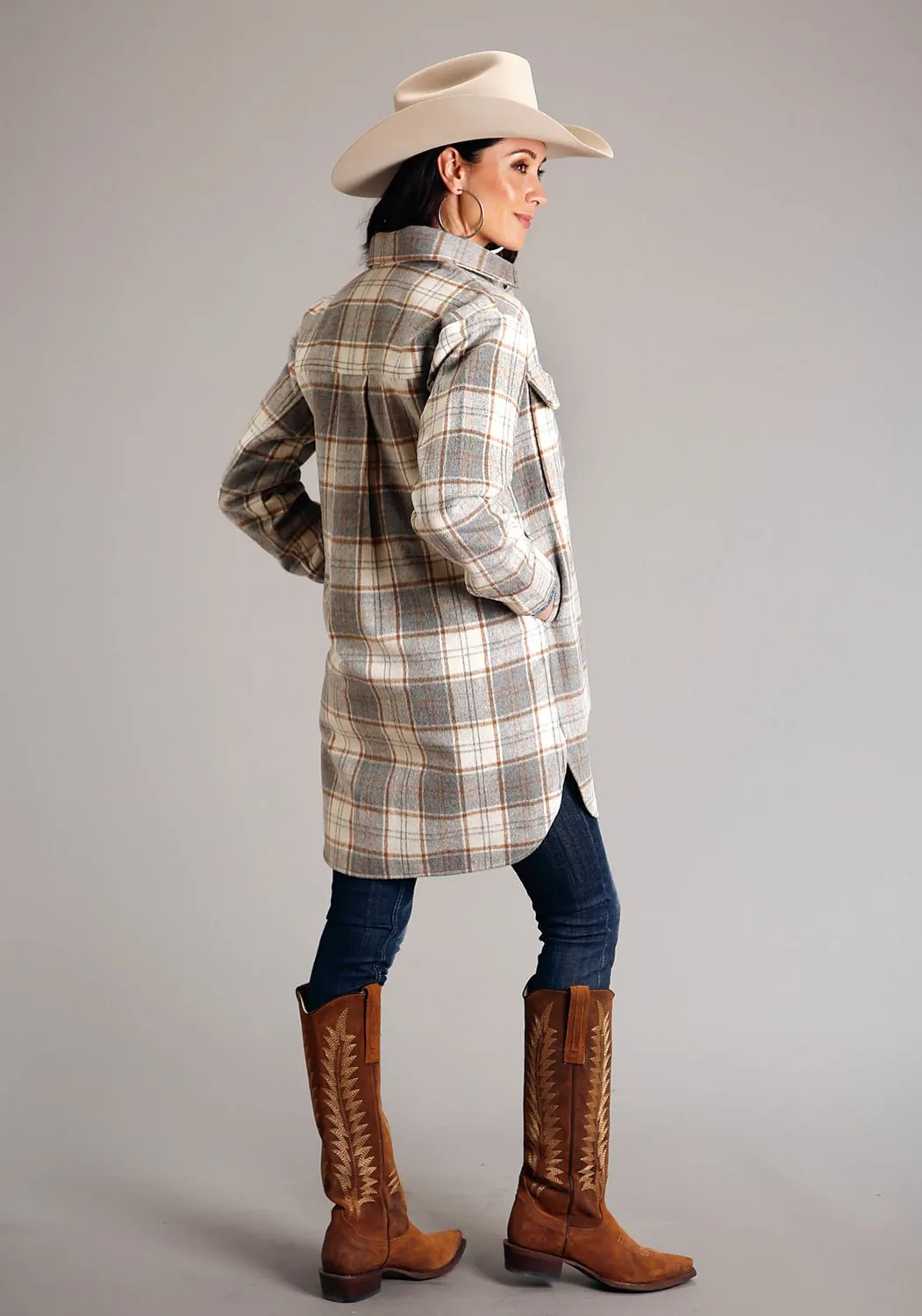 Stetson Womens Neutral Plaid Oversized Grey Poly/Wool Jacket