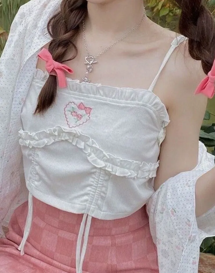 Summer Shirring Floral Sweet Embroidery Cute Korean Midriff Chic Kawaii Party Tops