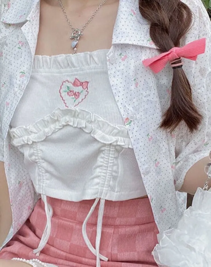 Summer Shirring Floral Sweet Embroidery Cute Korean Midriff Chic Kawaii Party Tops