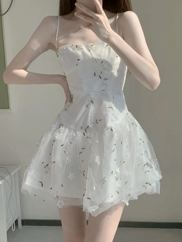 Sweet and Spicy Hollow Waist Fluffy Skirt Sling Dress in White - BY9220