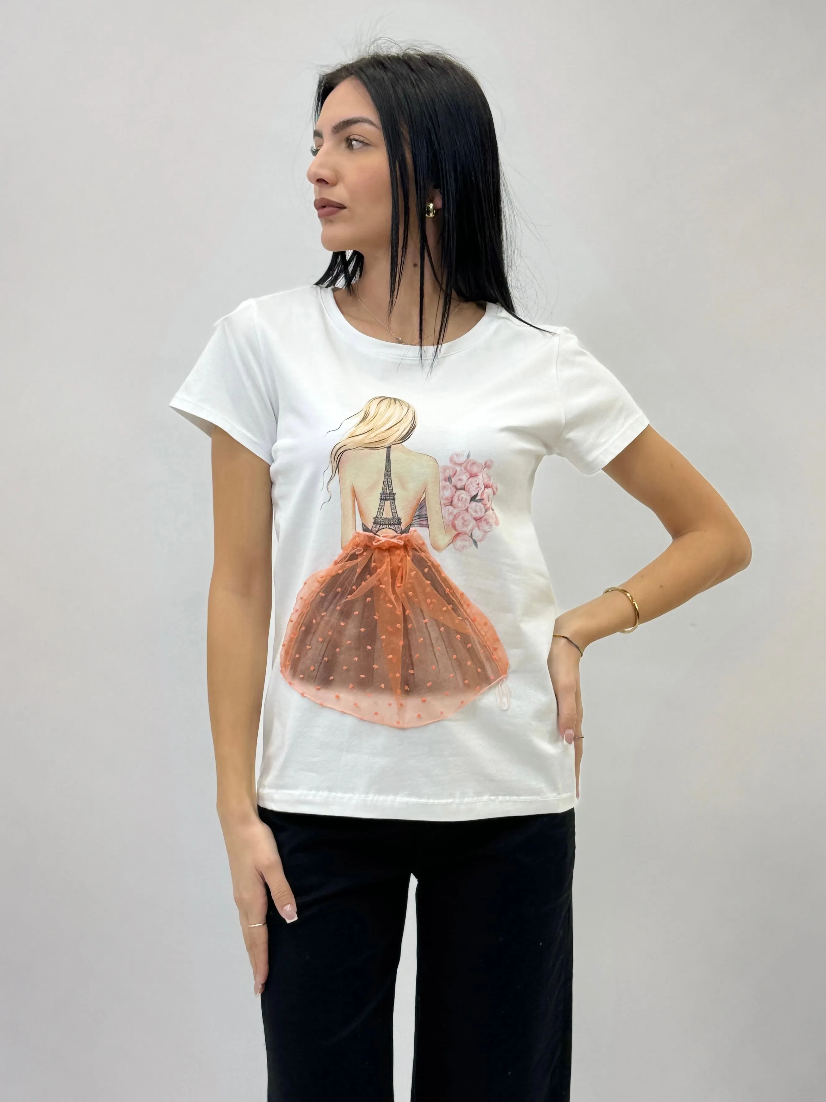 T-shirt in cotone con torre eiffel