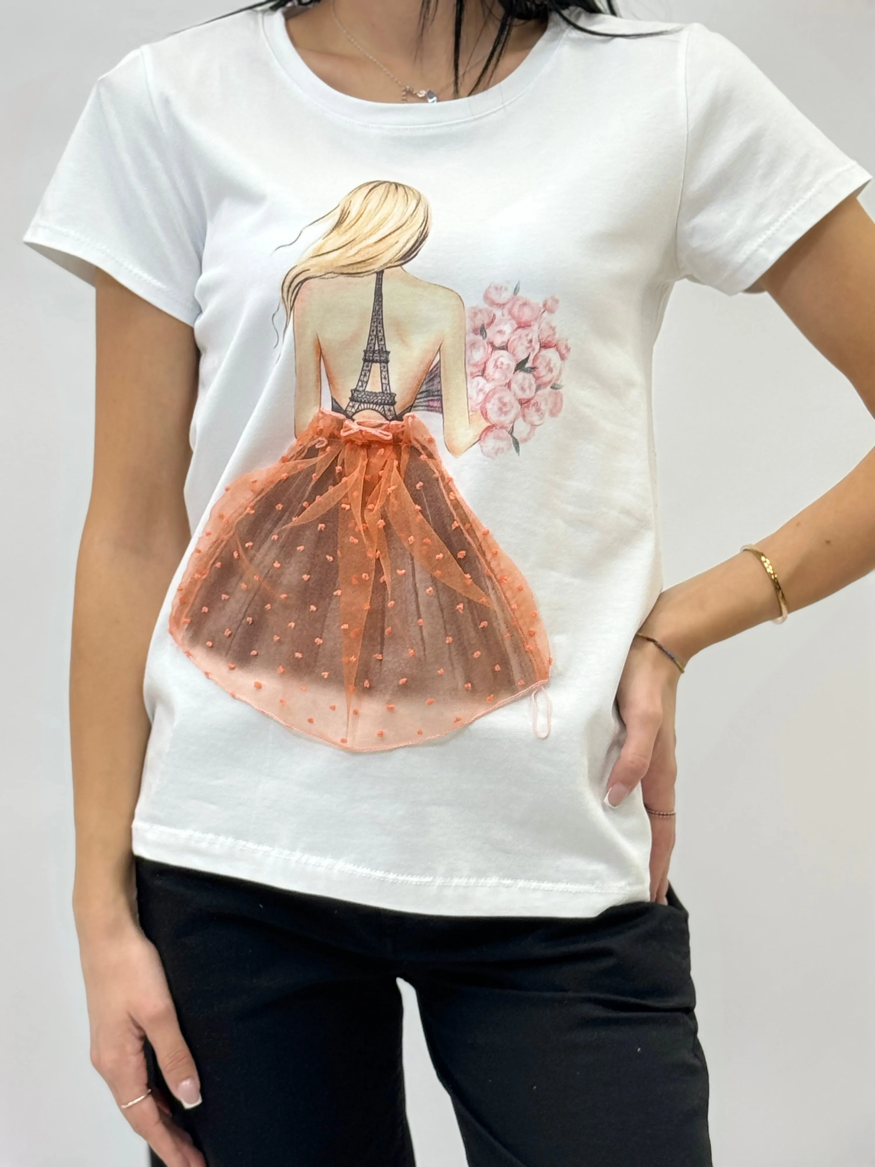 T-shirt in cotone con torre eiffel