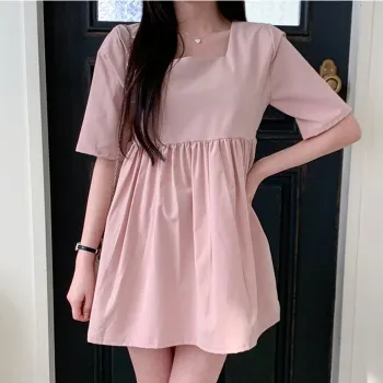 Trendywhere Square Neck Loose Fit Short Sleeve Mini Dress