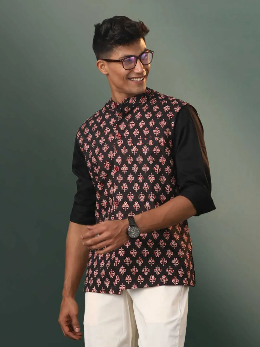 VASTRAMAY Men's Black Floral Printed Cotton Nehru Jacket