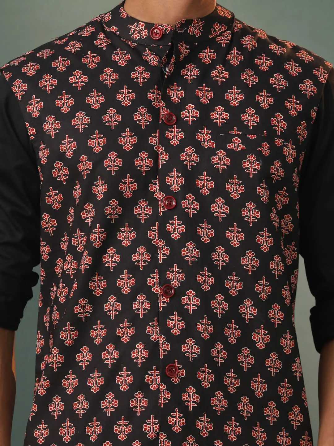 VASTRAMAY Men's Black Floral Printed Cotton Nehru Jacket