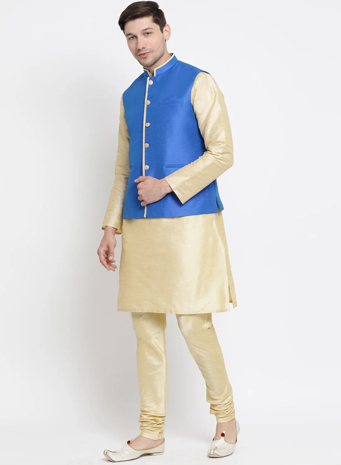 VASTRAMAY Men's Gold Cotton Silk Blend Kurta, Ethnic Jacket and Pyjama Set