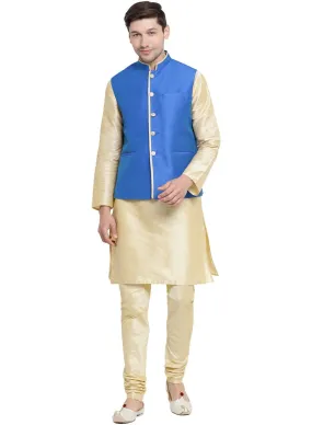 VASTRAMAY Men's Gold Cotton Silk Blend Kurta, Ethnic Jacket and Pyjama Set