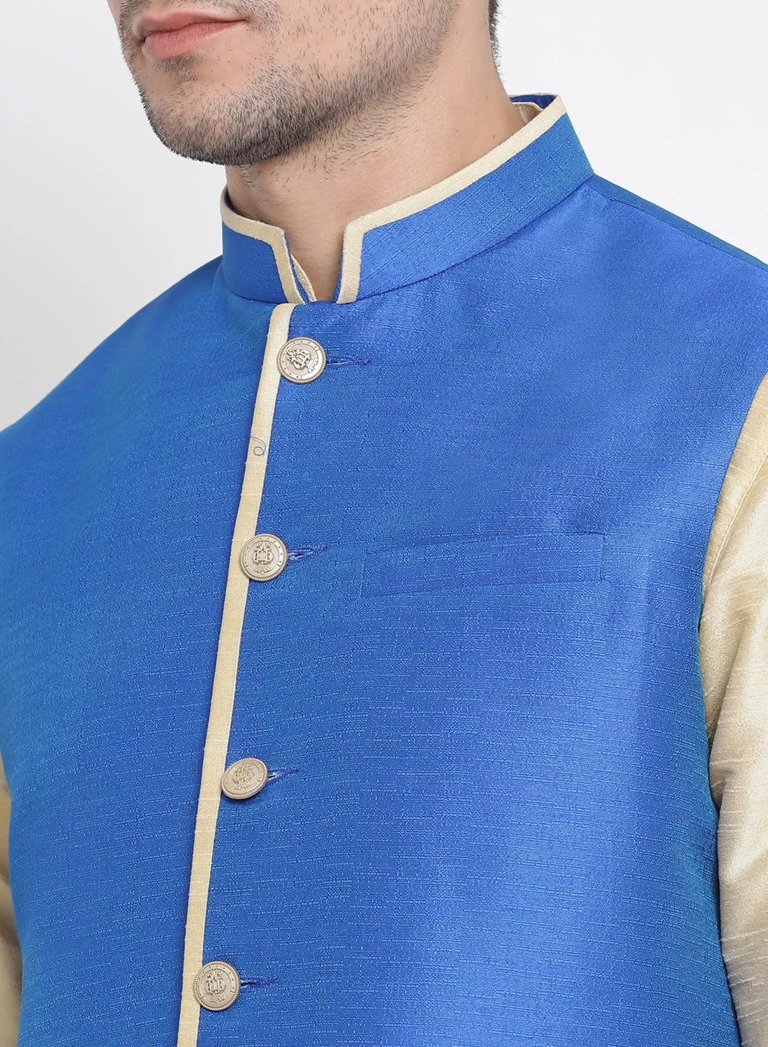 VASTRAMAY Men's Gold Cotton Silk Blend Kurta, Ethnic Jacket and Pyjama Set