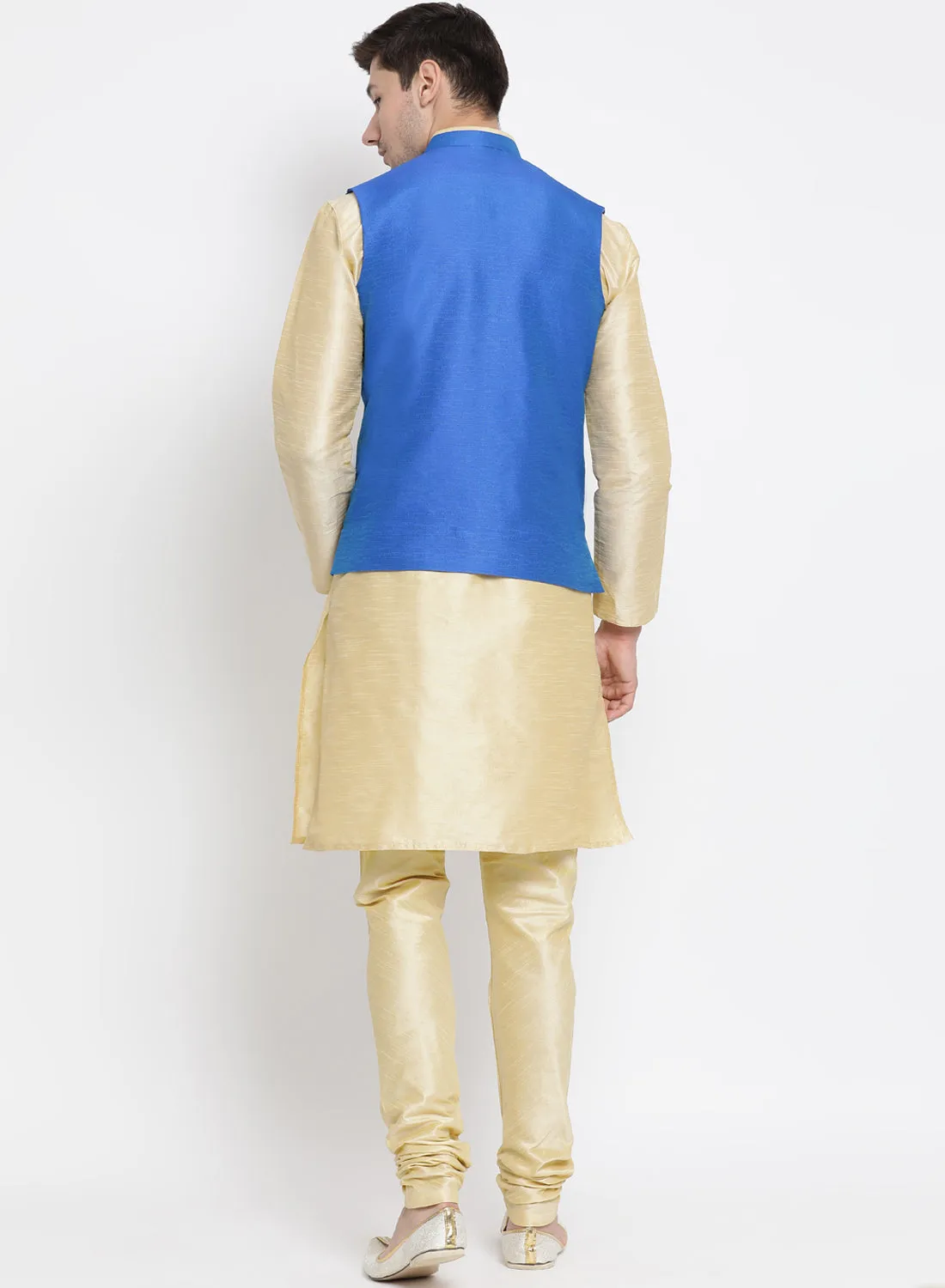 VASTRAMAY Men's Gold Cotton Silk Blend Kurta, Ethnic Jacket and Pyjama Set