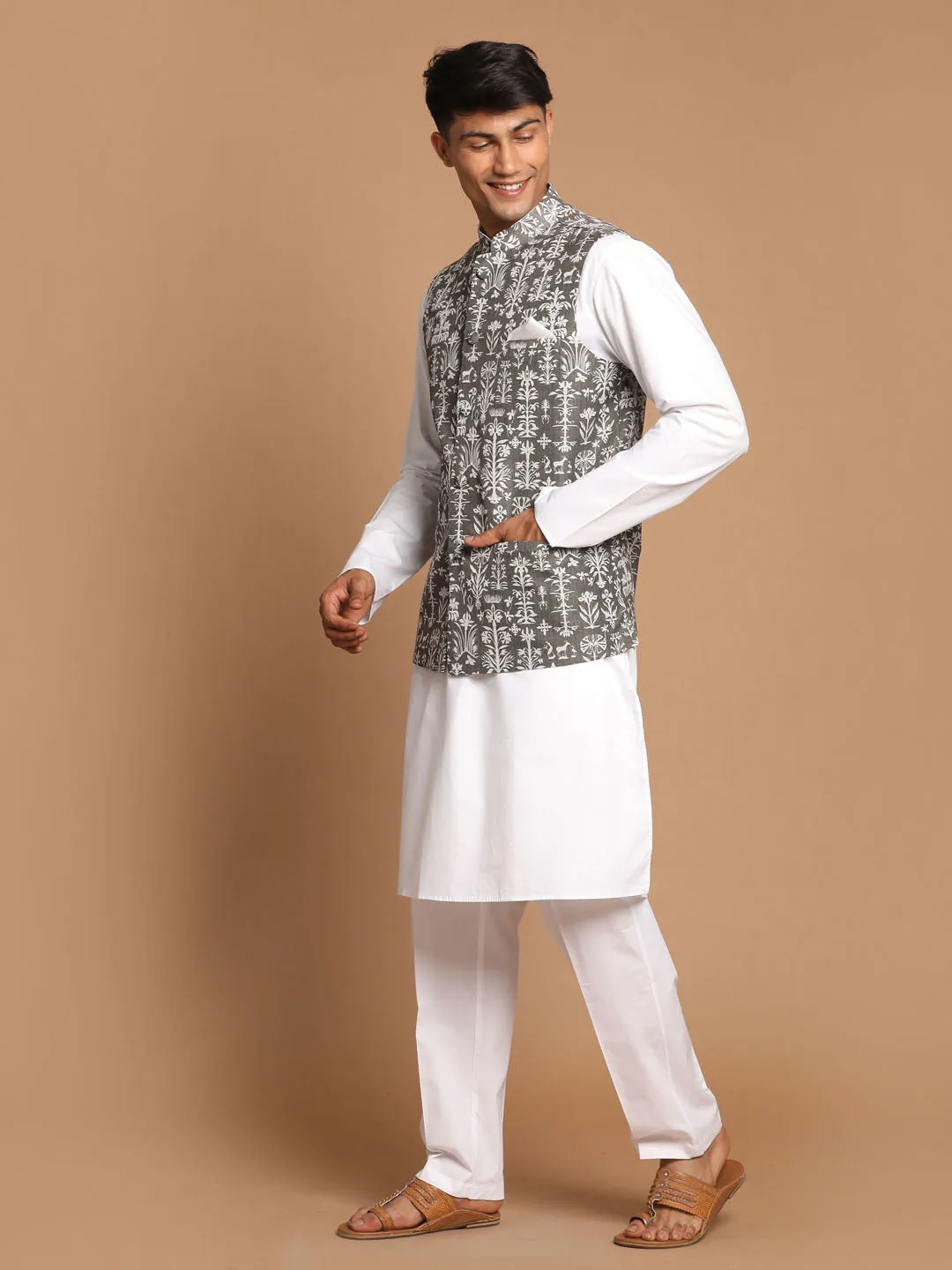 VASTRAMAY Men's Mehendi Green Printed Nehru Jacket With White Solid kurta & Pant Set