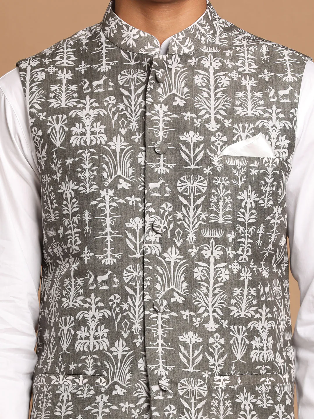 VASTRAMAY Men's Mehendi Green Printed Nehru Jacket With White Solid kurta & Pant Set