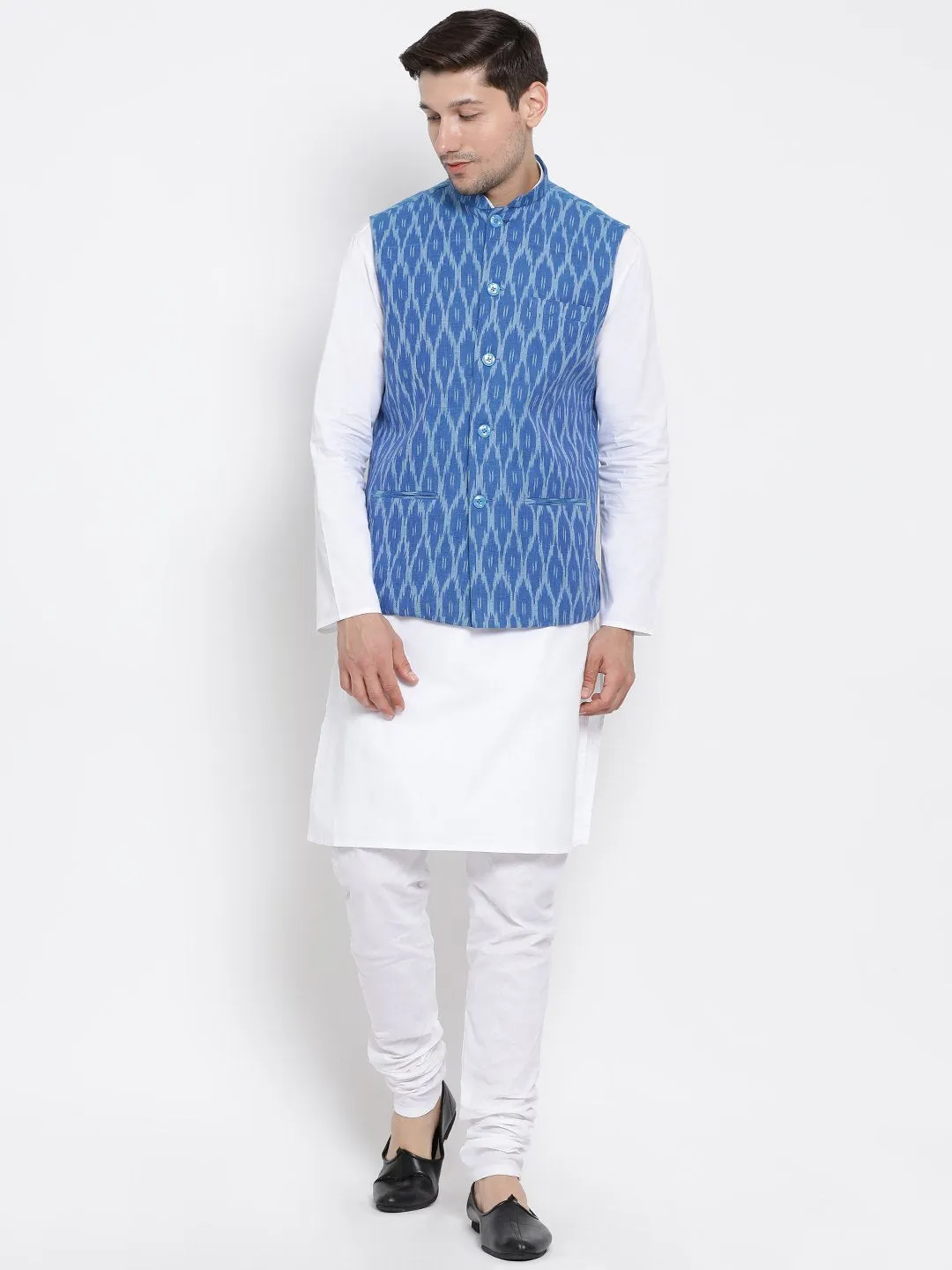 VASTRAMAY Men's White Cotton Kurta, Ethnic Jacket and Pyjama Set