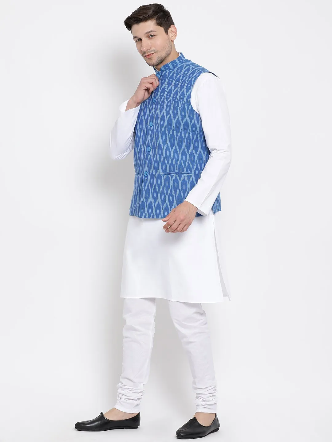 VASTRAMAY Men's White Cotton Kurta, Ethnic Jacket and Pyjama Set