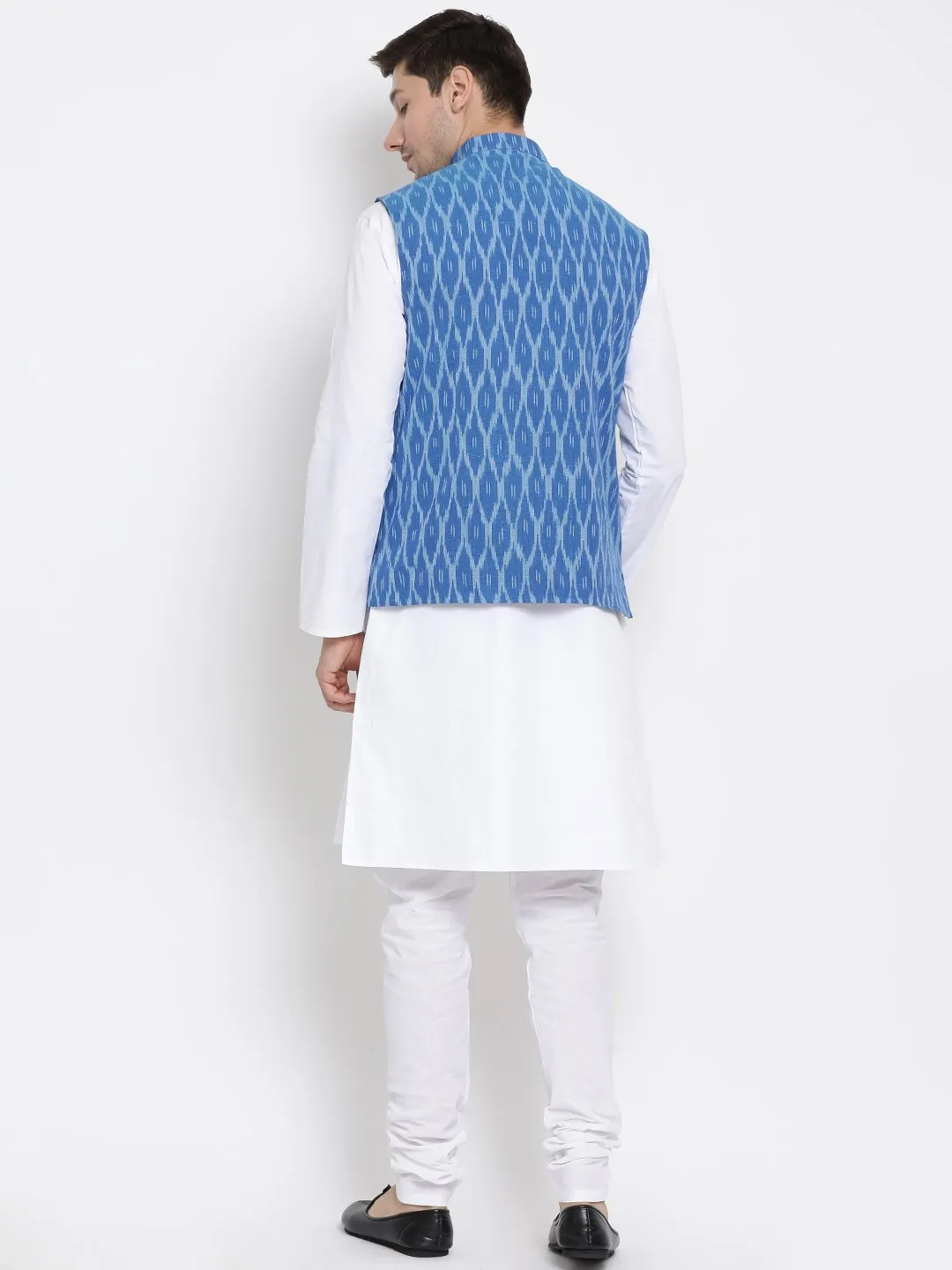 VASTRAMAY Men's White Cotton Kurta, Ethnic Jacket and Pyjama Set