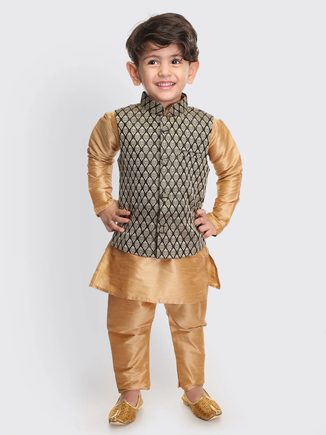 VASTRAMAY SISHU Boys Rose Gold Silk Blend Jacket, Kurta and Pyjama Set