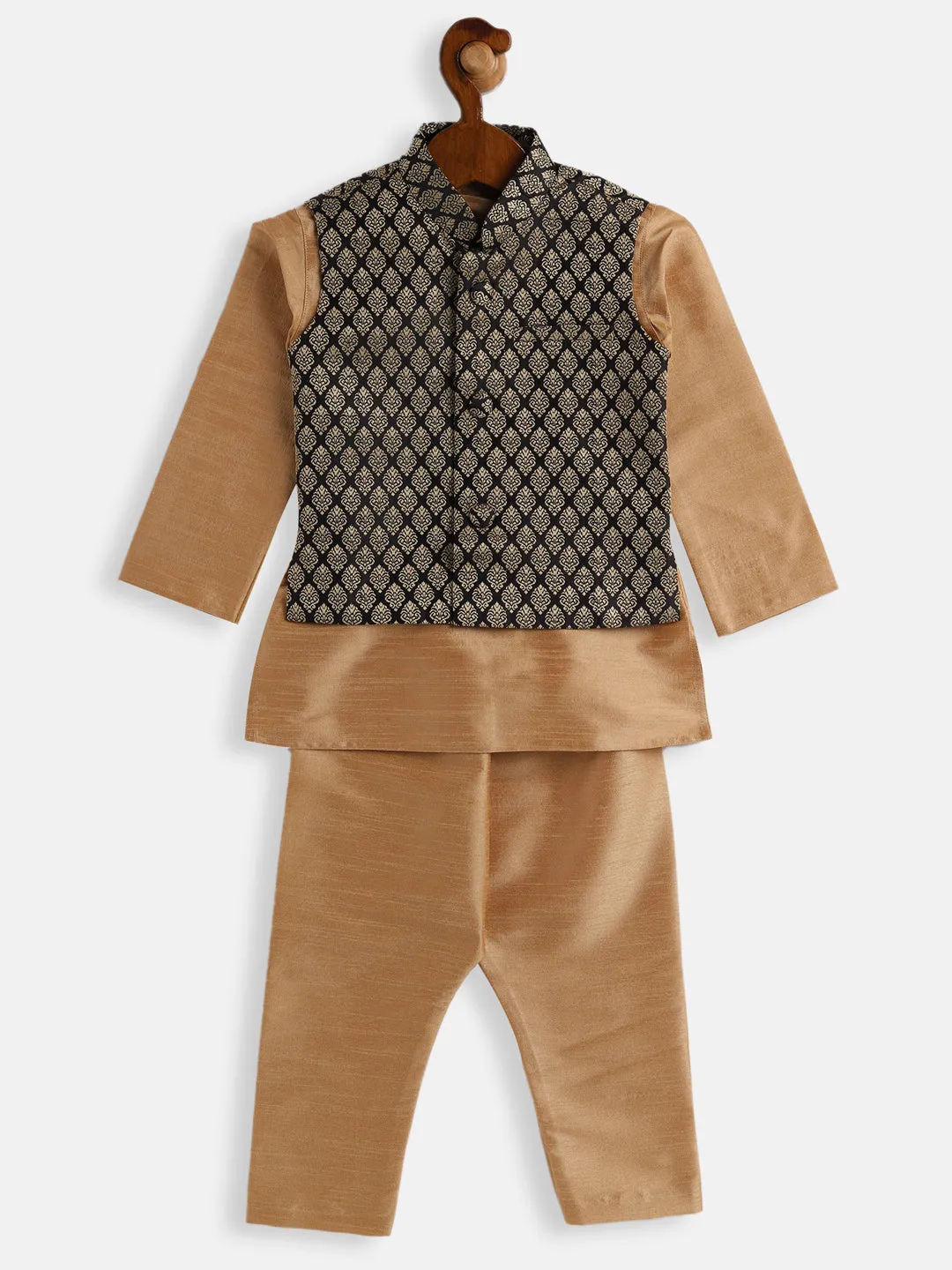 VASTRAMAY SISHU Boys Rose Gold Silk Blend Jacket, Kurta and Pyjama Set