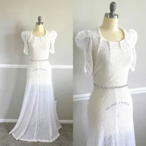 Vintage 1930s Wedding Dress, 30s white bias cut puff sleeve lace gown, Size XS