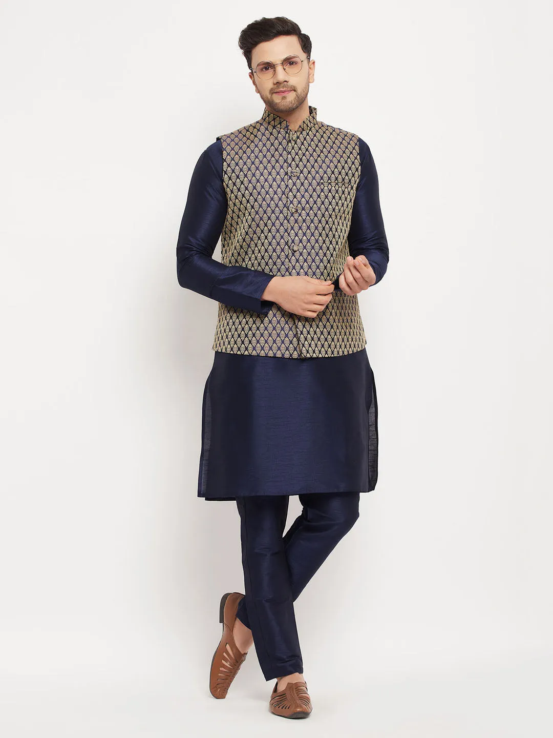 VM BY VASTRAMAY Men's BlueSilk Blend Jacket With Kurta Pant  Set