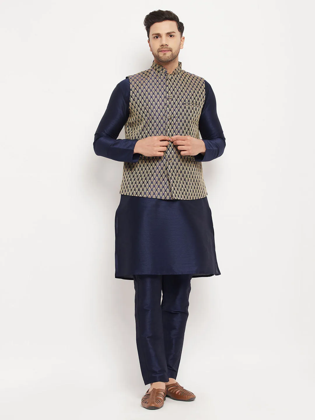 VM BY VASTRAMAY Men's BlueSilk Blend Jacket With Kurta Pant  Set