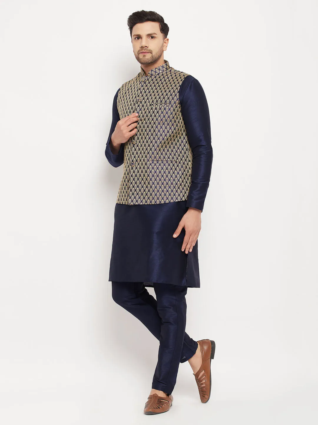 VM BY VASTRAMAY Men's BlueSilk Blend Jacket With Kurta Pant  Set