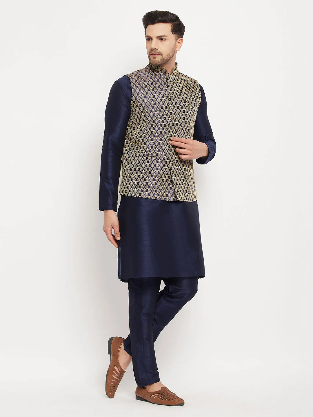 VM BY VASTRAMAY Men's BlueSilk Blend Jacket With Kurta Pant  Set