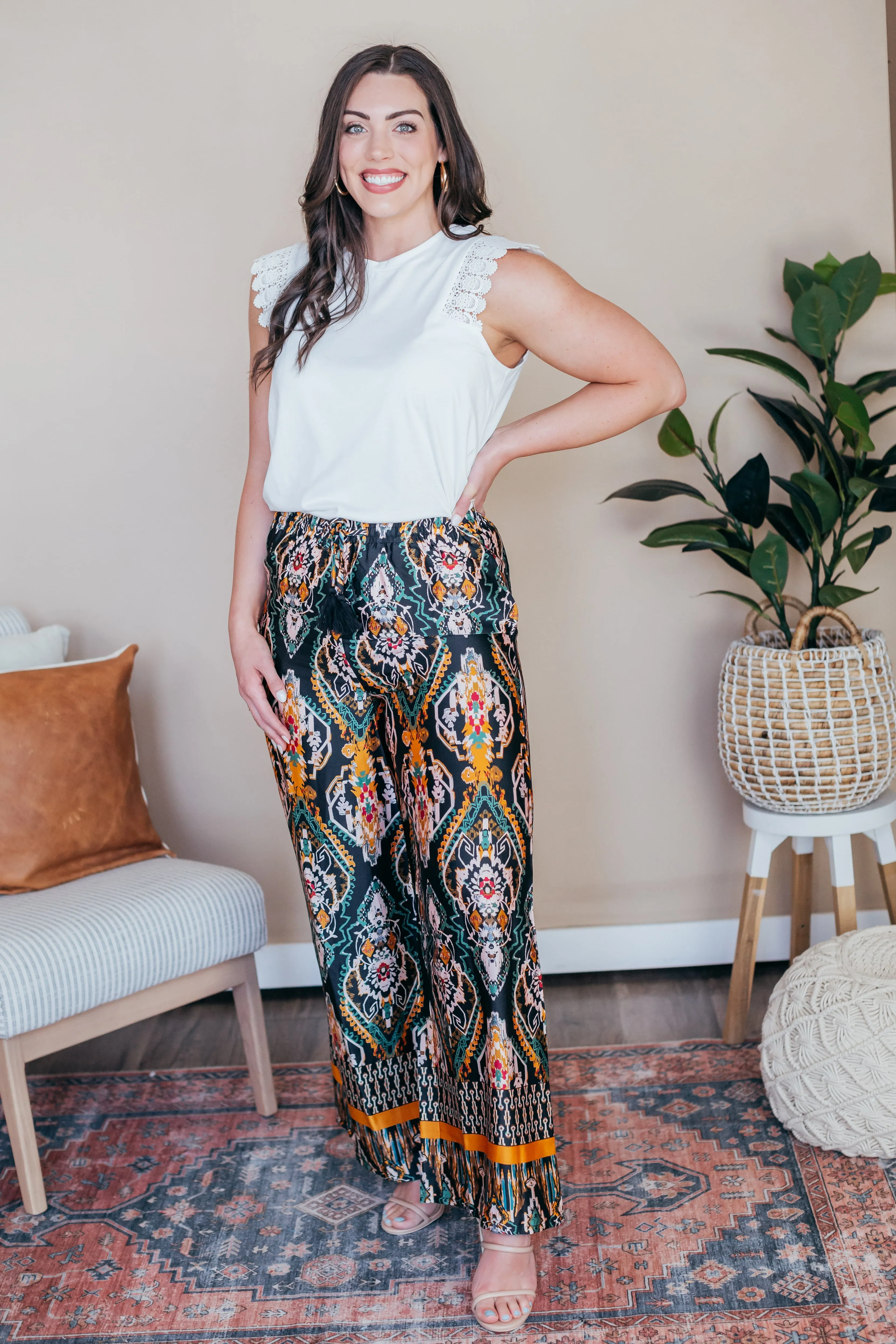 Wide Leg Border Print Pants