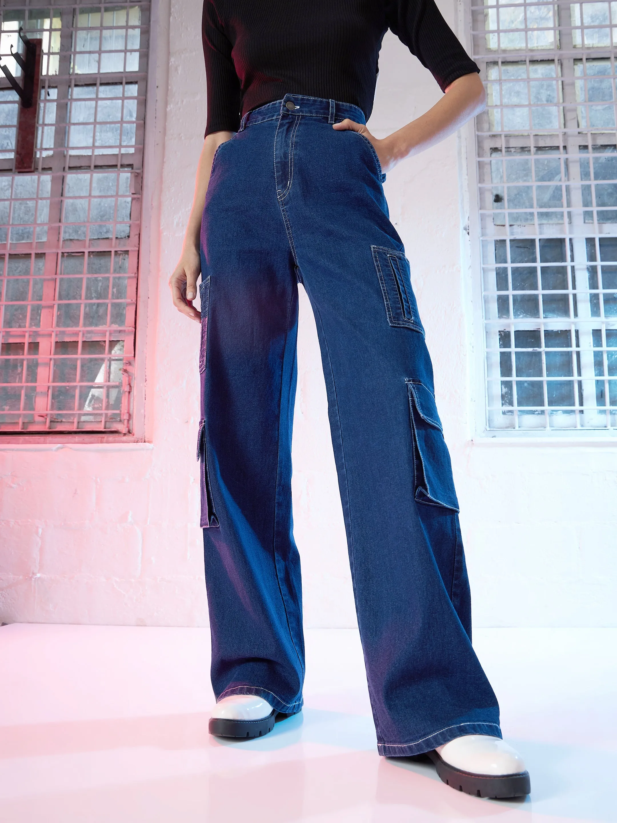 Women Blue Contrast Stitch Cargo Jeans