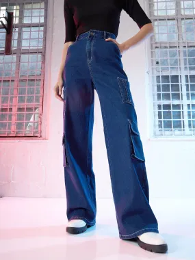 Women Blue Contrast Stitch Cargo Jeans